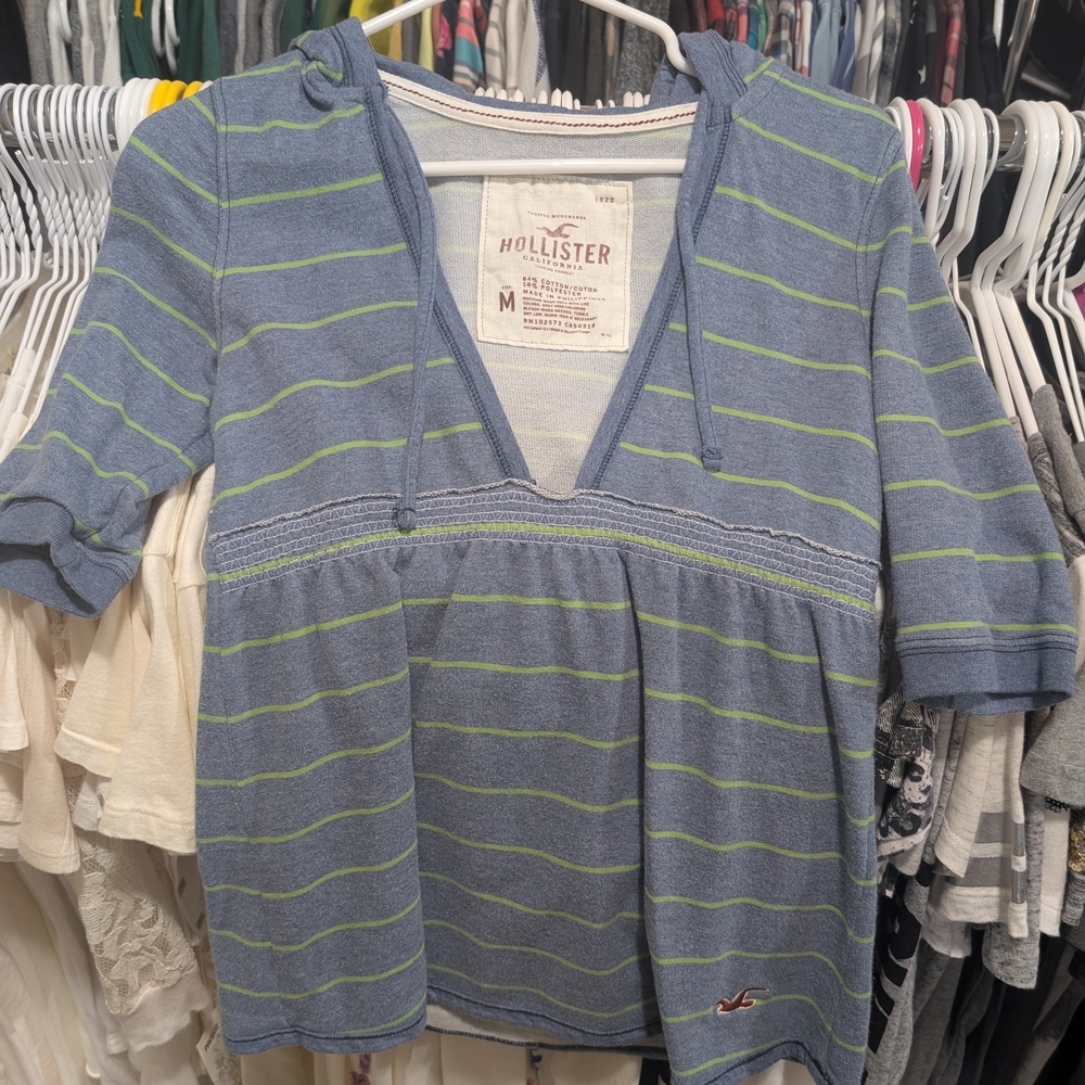 Hollister Blue and Lime Striped V-Neck Top